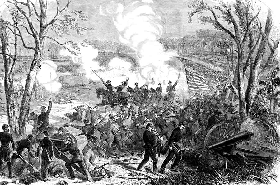 First Fight: At the Battle of Shiloh, shown here, the 12th Michigan bore the brunt of the Rebels’ initial attack in Fraley Field, about 5 a.m. April 6, 1862. (Harper’s Weekly April 26, 1862/Anne S.K. Brown Military Collection/Brown University Library)