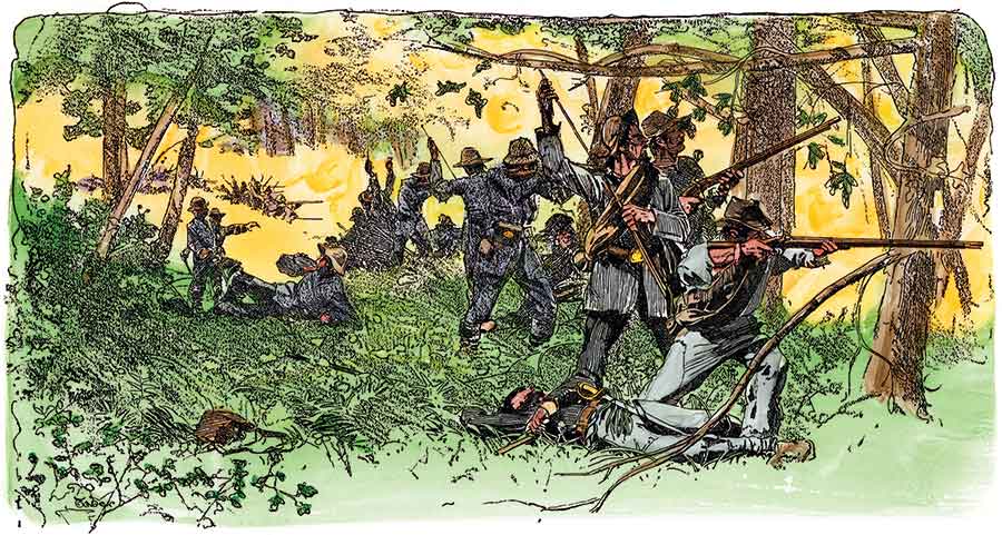 Bragg’s men fire away from a treeline during the battle. (North Wind Picture Archive/Alamy Stock Photo)