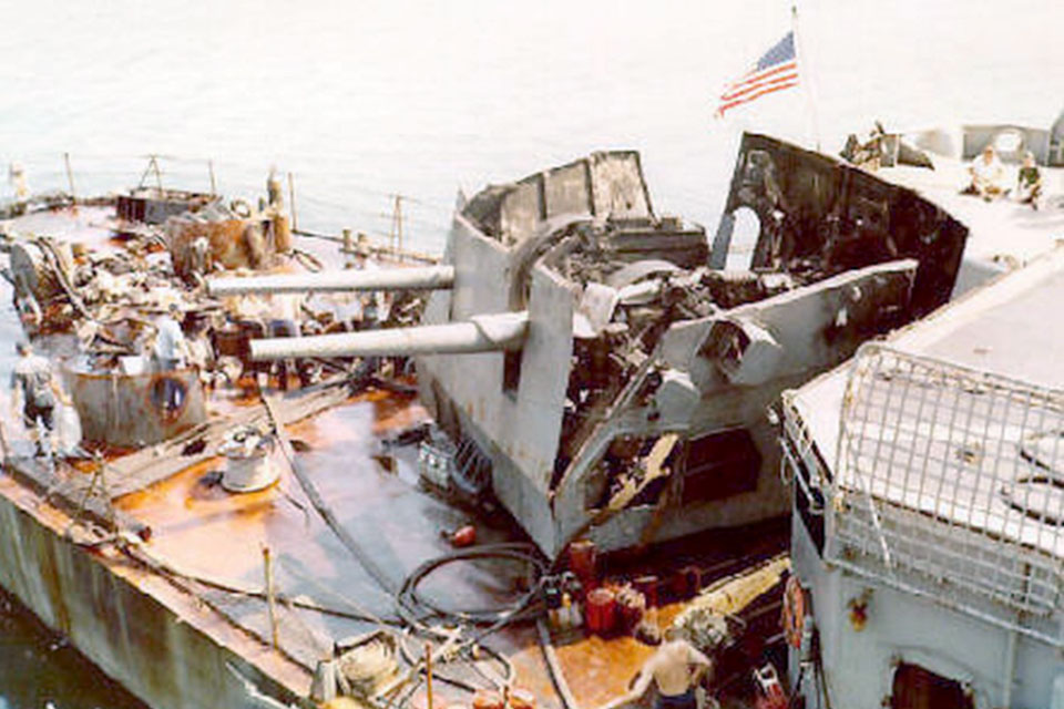 In the Spring of 1972, Le Xuan Di flew his MiG-17 against the USS Higbee, dropping two bombs and damaging the destroyer’s stern 5” gun battery. (U.S. Navy)