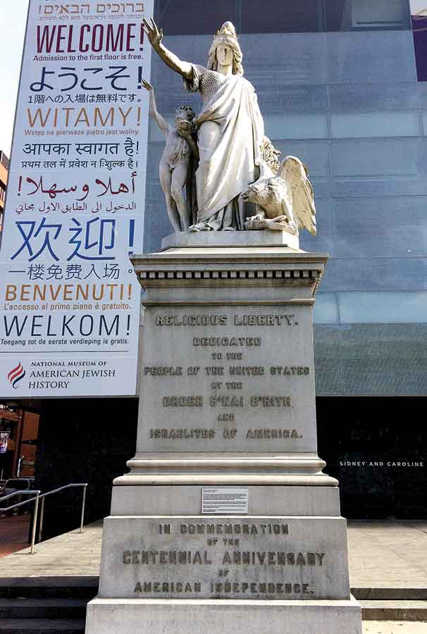 ‘Religious Liberty’: Faith was always important to Ezekiel. This granite artwork is located at Philadelphia’s National Museum of American Jewish History. (Courtesy Sue Eisenfeld)