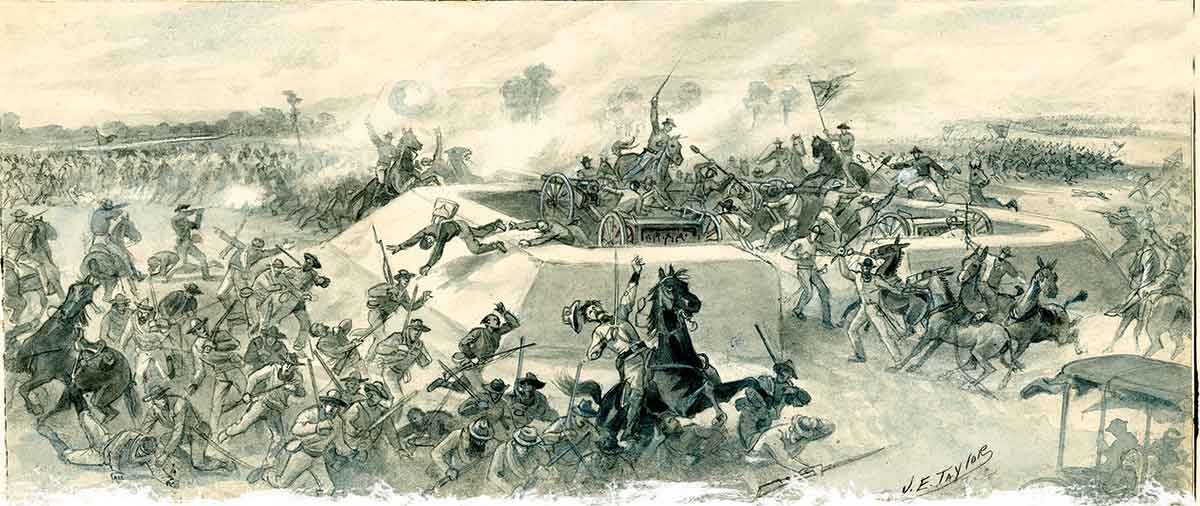 Slash Deficit: Tactical and firearm changes often forced Civil War troopers to keep their sharp blades in their scabbards. The saber-driven Union attack at Third Winchester that overran Fort Collier and its supporting earthworks, depicted by artist James Taylor, was a rarity. (The Western Reserve Historical Society, Cleveland, Ohio)