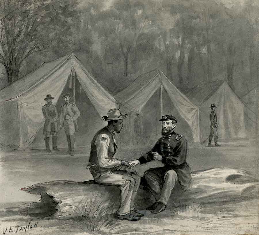 Informal Intel: Sheridan meets with Tom Laws to discuss the mission to deliver messages to Rebecca Wright. (Western Reserve Historical Society, Cleveland, Ohio)