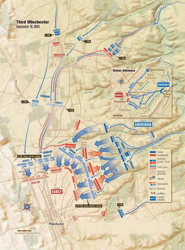 While Maj. Gen. Phil Sheridan’s infantry attacked the right flank of Lt. Gen. Jubal Early’s army, 8,000 Union troopers thundered down the Martinsburg Pike and overwhelmed the Confederates holding Fort Collier and the Star Fort. (Map Graphics © DFL Group 2018)