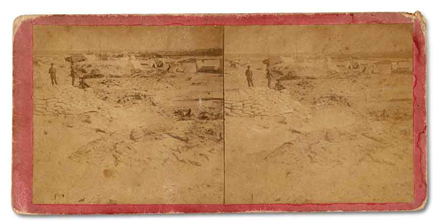 Relics: This stereoview shows the site of the Palmetto Guards’ camp near Charleston Harbor. (Library of Congress)