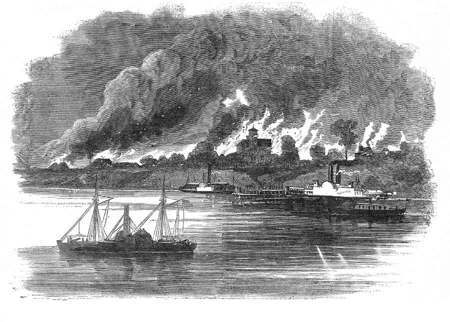 Gone in a Flash: Union gunboats on Virginia’s James River provide cover for onshore infantry as they burn one of Ruffin’s plantations. The planter’s celebrity worked against him, and he found himself on the run to avoid capture for much of the war. (Harper’s Weekly)