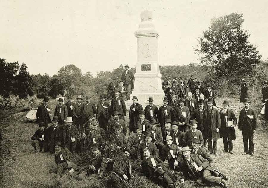 Veterans of the 93rd Pennsylvania gather next to their Gettysburg monument during its dedication on October 3, 1888. (Red, White, And Blue Badge, Pennsylvania Veteran Volunteers, A History Of The 93rd Regiment)