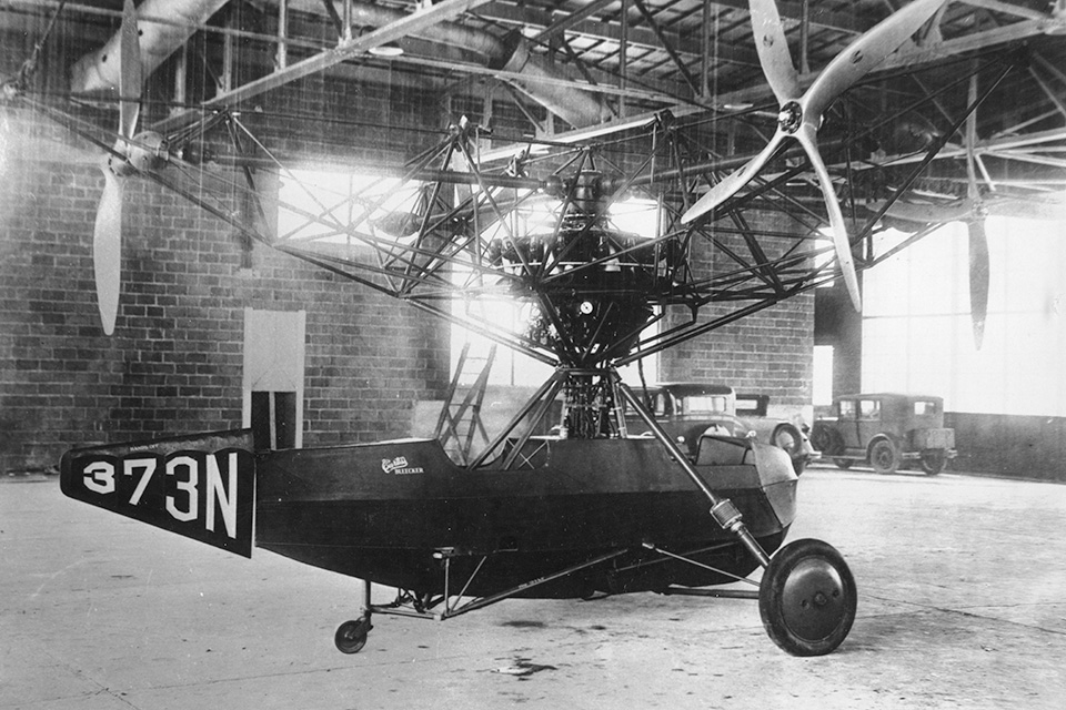 The Curtiss-Bleecker helicopter, sans rotor wings, sits in the hangar at the Curtiss airfield in Valley Stream, Long Island, where the flight tests took place. (Courtesy of Allan Bleecker)