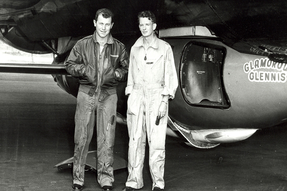 Yeager (left) and Air Force engineer Captain Jack Ridley stand beside 46-062, which the pilot named "Glamorous Glennis" in honor of his wife. (U.S. Air Force)