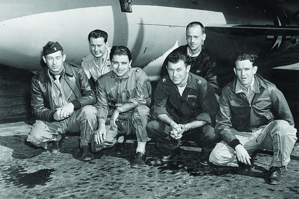 The X-1 team included (from left) Ed Swindell, Bob Hoover, Bob Cardenas, Yeager, Dick Frost and Ridley. (USAF Flight Test Center)