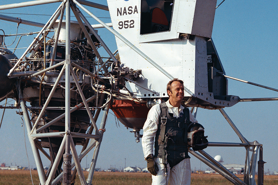 Astronaut Alan Shepard stands beside a Lunar Landing Training Vehicle (LLTV) in 1970. (NASA)