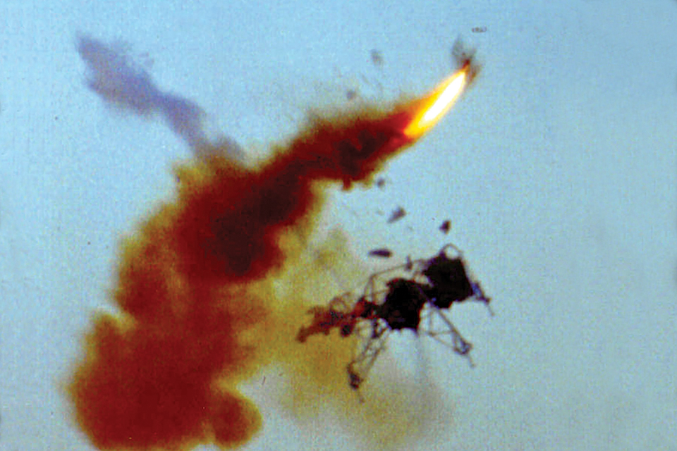 Future moonwalker Neil Armstrong ejects from a Lunar Landing Research Vehicle (LLRV) after its control thrusters fail. (NASA)