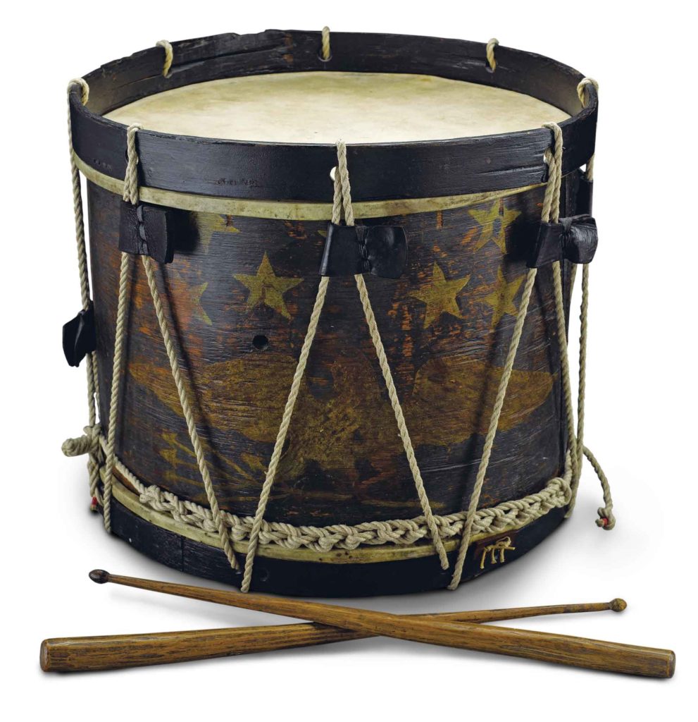 Played for Blue and Gray: Compared to Union samples, extant Confederate drums, such as the one shown here, are quite rare. This handmade wood model was in the possession of Private Daniel M. Reed of the 50th Pennsylvania Infantry when he was killed at the Battle of Chantilly, Va., on September 1, 1862. Earlier that year, Reed had recovered the drum in an abandoned Confederate fort in Beaufort, S.C. After Reed’s death, it was returned along with his personal effects to his family in Pennsylvania. Notable is the depiction of an eagle and seven stars (representing the original seven states to secede) on the side. Although the tension ropes have been replaced, the leather tighteners are original. (Heritage Auctions, Dallas)