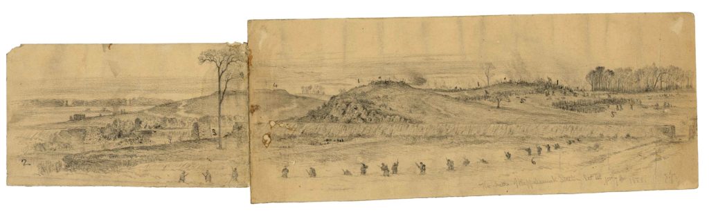 Panorama: Union 6th Corps skirmishers advance toward Confederate redoubts along the Rappahannock River during the November 7, 1863, Battle of Rapphannock Station. The Union victory took away General Robert E. Lee’s last bridgehead to the river’s north bank. (Library of Congress)