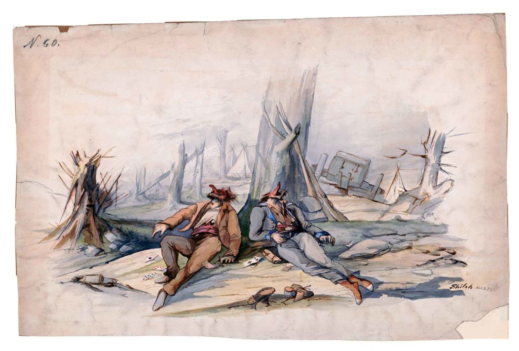 Dealt A Bad Hand: Captain Adolph Metzner of the 32nd Indiana fought at Shiloh, and painted this graphic watercolor of two Confederates decapitated by a shell while they were playing cards. Such gory scenes forever remained with Shiloh veterans. (Library of Congress)