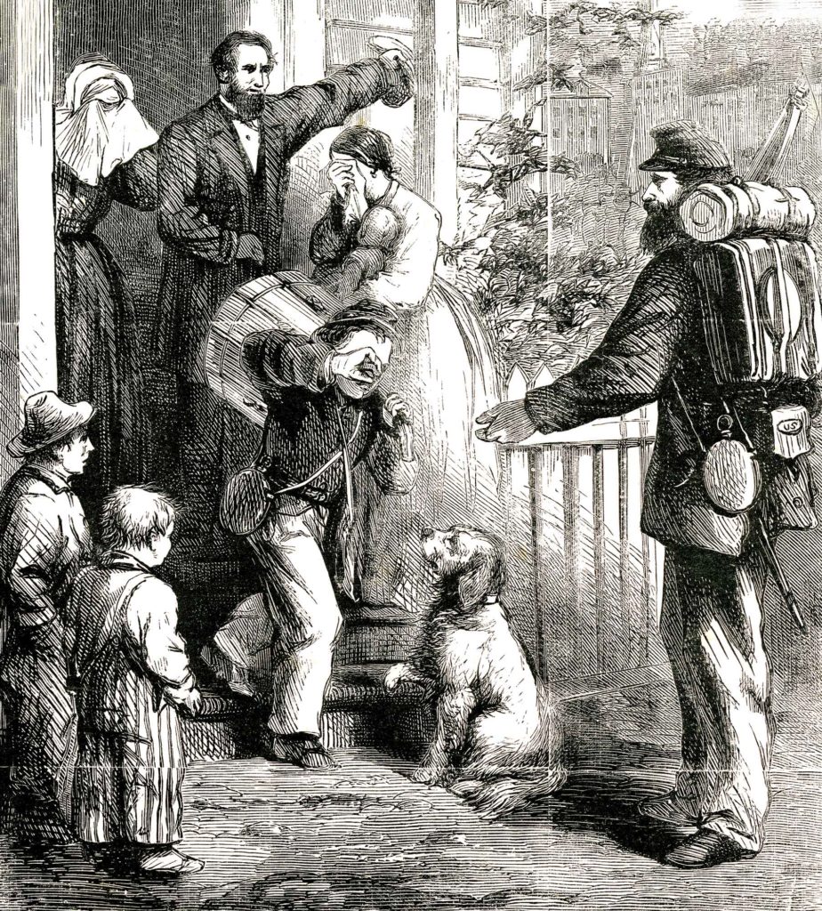 Leaving Home: Throughout the conflict, the heartbreaking sight of a youthful drummer boy heading off to war would be all too familiar for families both North and South. This engraving first appeared in the December 19, 1863, issue of Harper’s Weekly and then in the book The Boys in Blue, published in 1867. (Old Paper Studios/Alamy Stock Photo) 