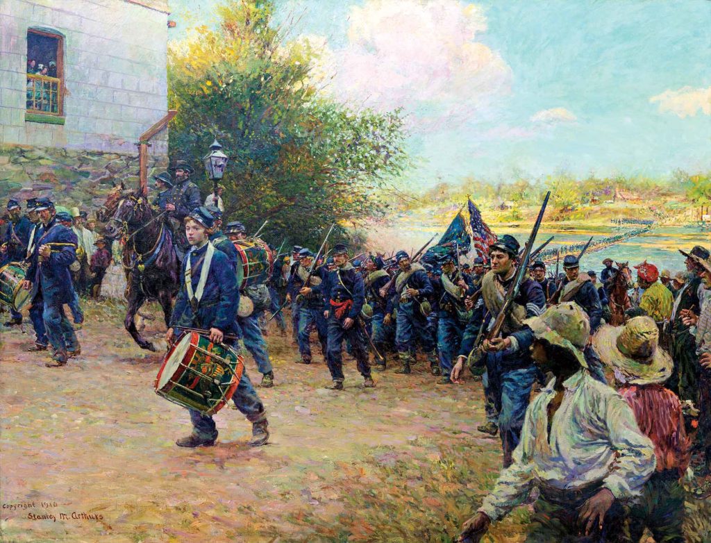 Enter the Victors: Weary-looking drummers lead the 3rd Minnesota Infantry into Little Rock, Ark., on September 11, 1863. The 3rd was the first Federal unit to enter Arkansas’ capital city after it was abandoned by the Confederates. (Minnesota Historical Society)