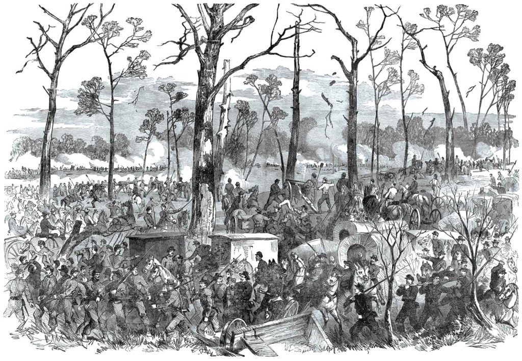 Eden Ravaged: Limbs blasted off trees fall down on Union cannoneers blasting away at Confederates on April 6. Behind the lines, raw troops struggle through a tangle of wagons to join the violence. (Corbis/Getty Images)
