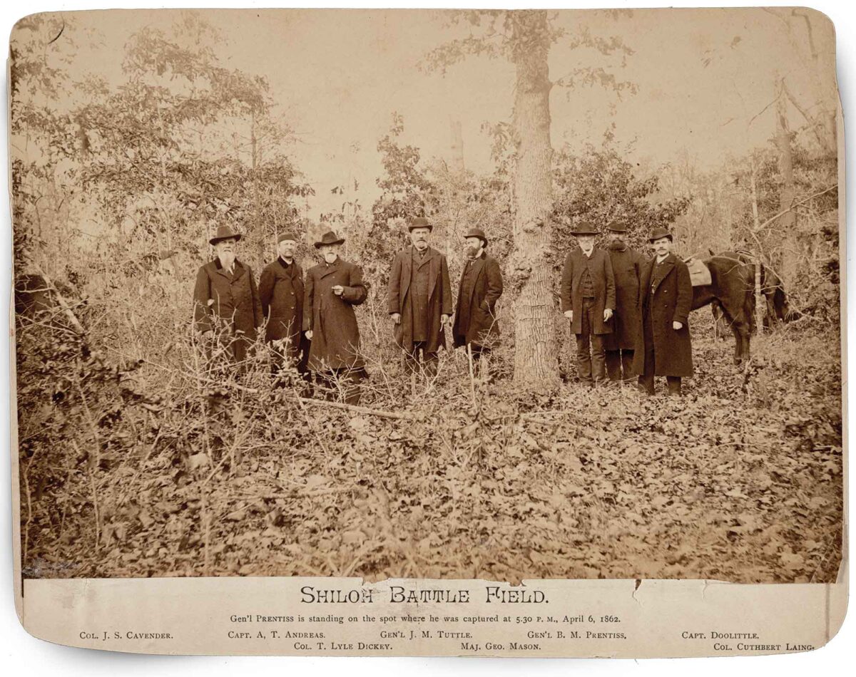 Memories of War: In this circa 1890 image, Union General Benjamin Prentiss stands third from right with fellow veterans near where he was captured at Shiloh’s Hornets’ Nest on April 6, 1862. (Library of Congress)