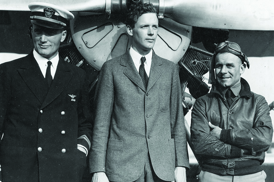 U.S. Navy Lieutenant Williams (left) stands with Charles Lindbergh (center) and Jimmy Doolittle in 1929. (National Archives)