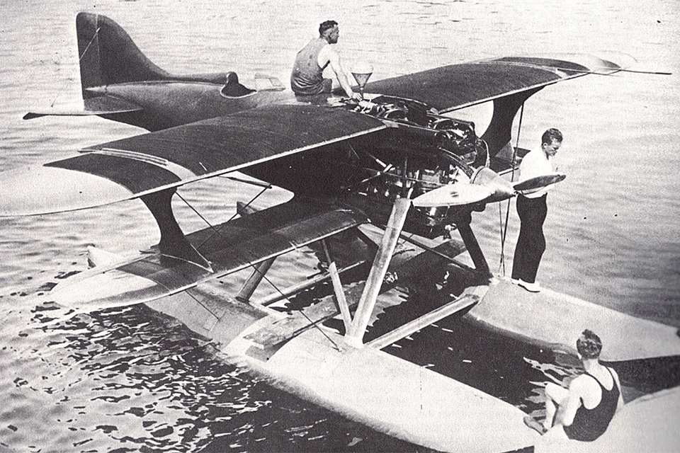 Williams stands on the float of his Kirkham-Williams Racer, built for the 1927 Schneider Trophy Race but unable to compete. (U.S. Naval Institute)