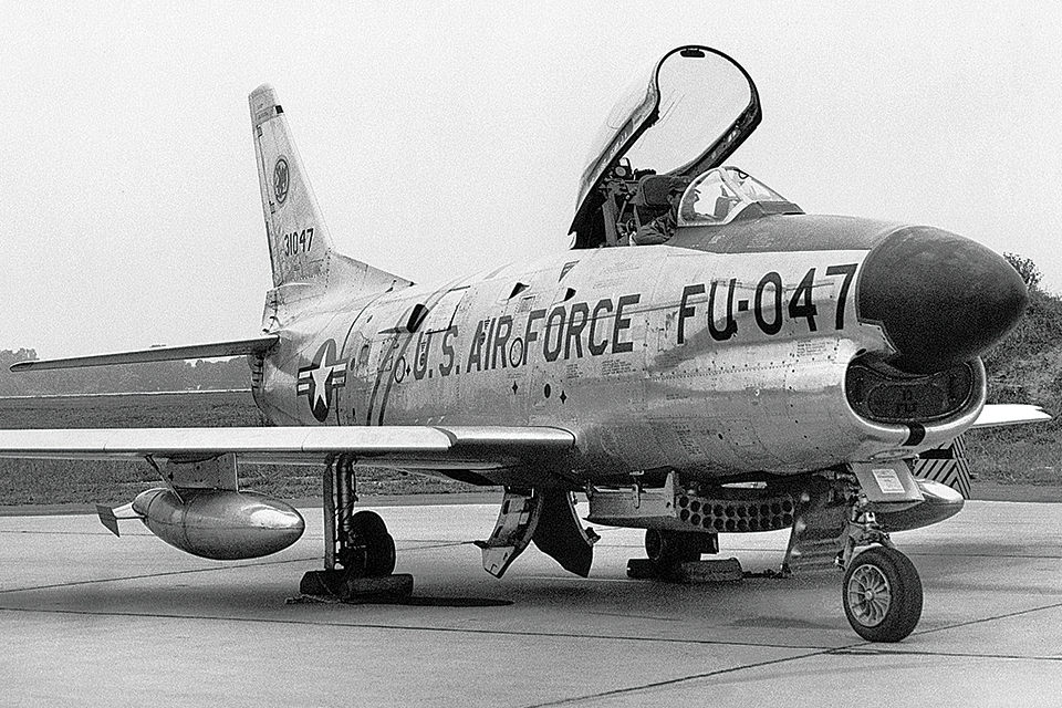 A North American F-86L Sabre Dog of the 444th Fighter-Interceptor Squadron, 1st Lt. Clarence A. Stewart’s unit, sits at Charleston AFB, S.C., where his flight originated. (U.S. Air Force)
