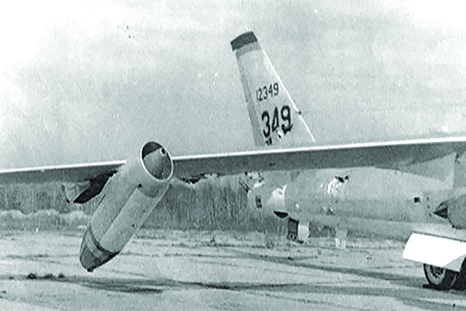 Ivory II sustained damage to its vertical stabilizer and rear fuselage, left wing and right outboard J47 turbojet in its midair with an F-86L Sabre Dog. (U.S. Air Force)