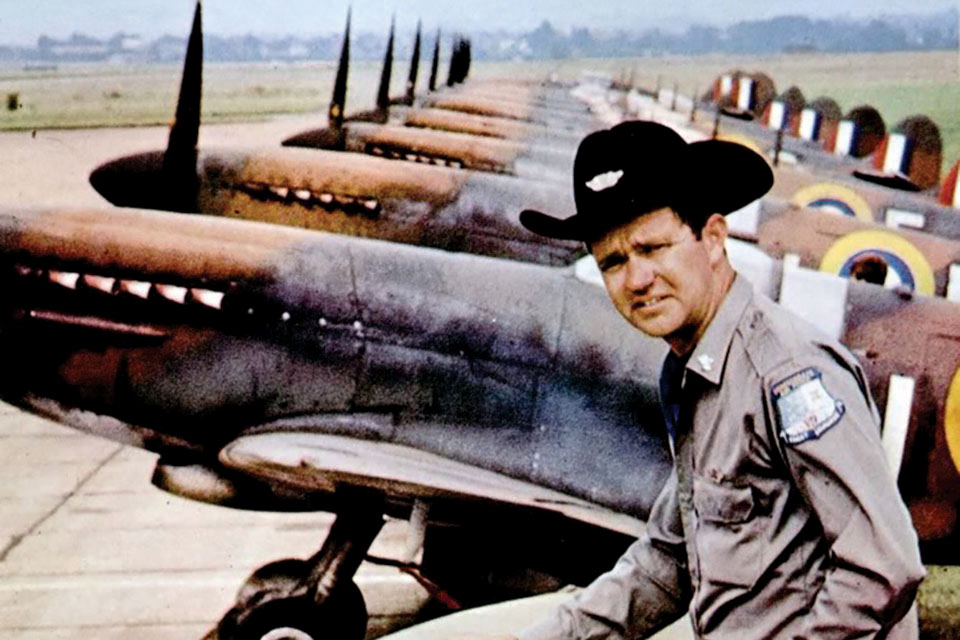 Chief stunt pilot Wilson “Connie” Edwards stands in the cockpit of a Spitfire IX, his favorite of the many aircraft he flew during filming. (Courtesy of the Lone Star Flight Museum)