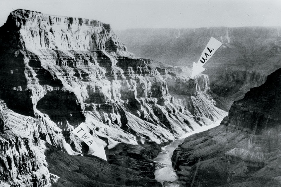 Arrows mark the spots where TWA’s Constellation and United’s DC-7 crashed in the Grand Canyon after their midair rendezvous, killing all 128 people aboard both planes. (Popperfoto/Getty Images)