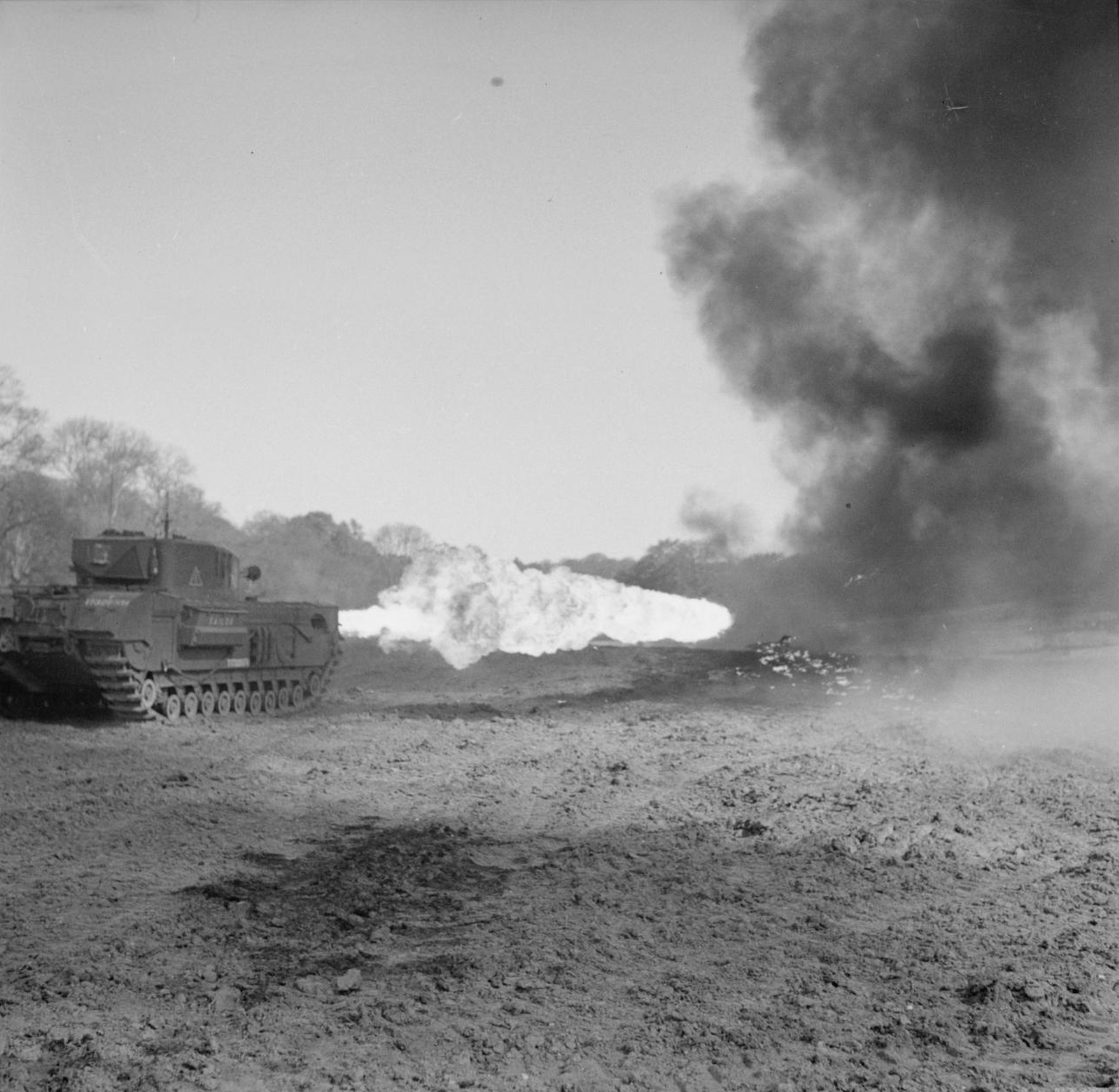The flame-throwing Churchill Crocodile tank, somewhere in Kent, England. (Imperial War Museums)
