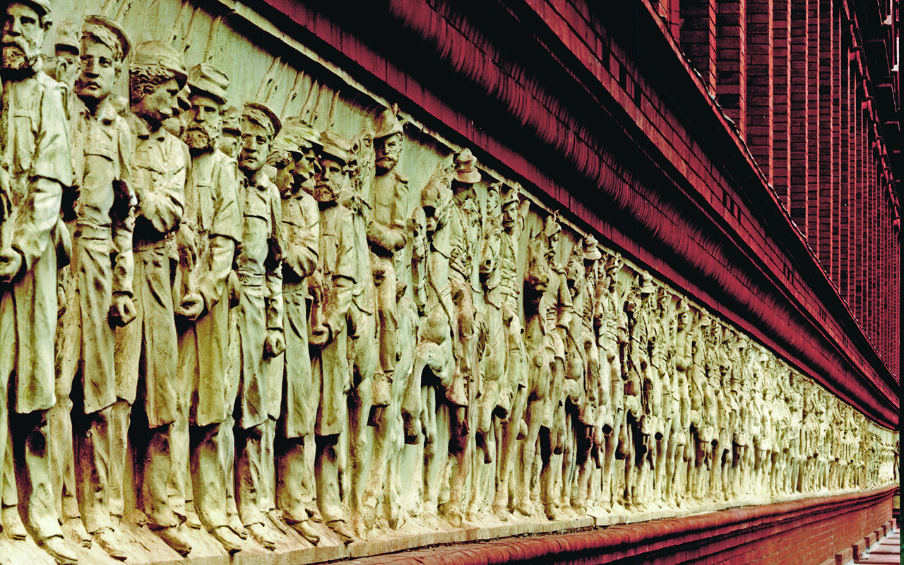 Sculptor Caspar Buberl designed the grand exterior frieze, which includes scenes of infantry, cavalry, artillery, sailors, and a black contraband. (Photo by Harlan Lambright, courtesy of the National Building Museum)