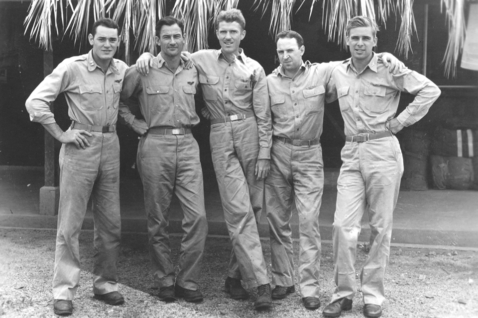 From left: Captain Bill Ivey, 2nd Lt. Sanford Price, Captain Edward Quintard, 1st Lt. Robert Crandall and Roddenberry pose outside the officers’ club at Nadi. (Courtesy of Roddenberry Entertainment)