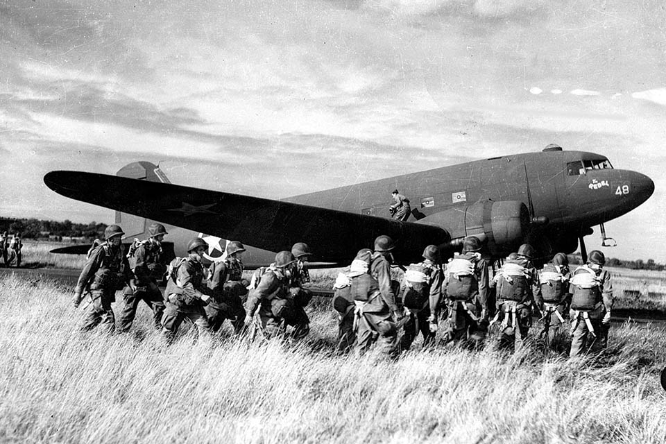 Paratroopers board a C-47 on July 9, 1943, to participate in the Allied invasion of Sicily. (Keystone/Getty Images)
