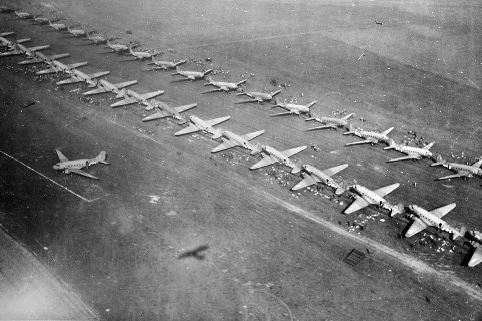 Operation Market Garden, the airborne assault on Holland and Belgium had over 1,400 C-47s, plus more than 3,100 gliders deliver 36 Battalions of infantry. Unlike the dark of night drops during D-Day, these missions were flown in daylight. (National Archives)