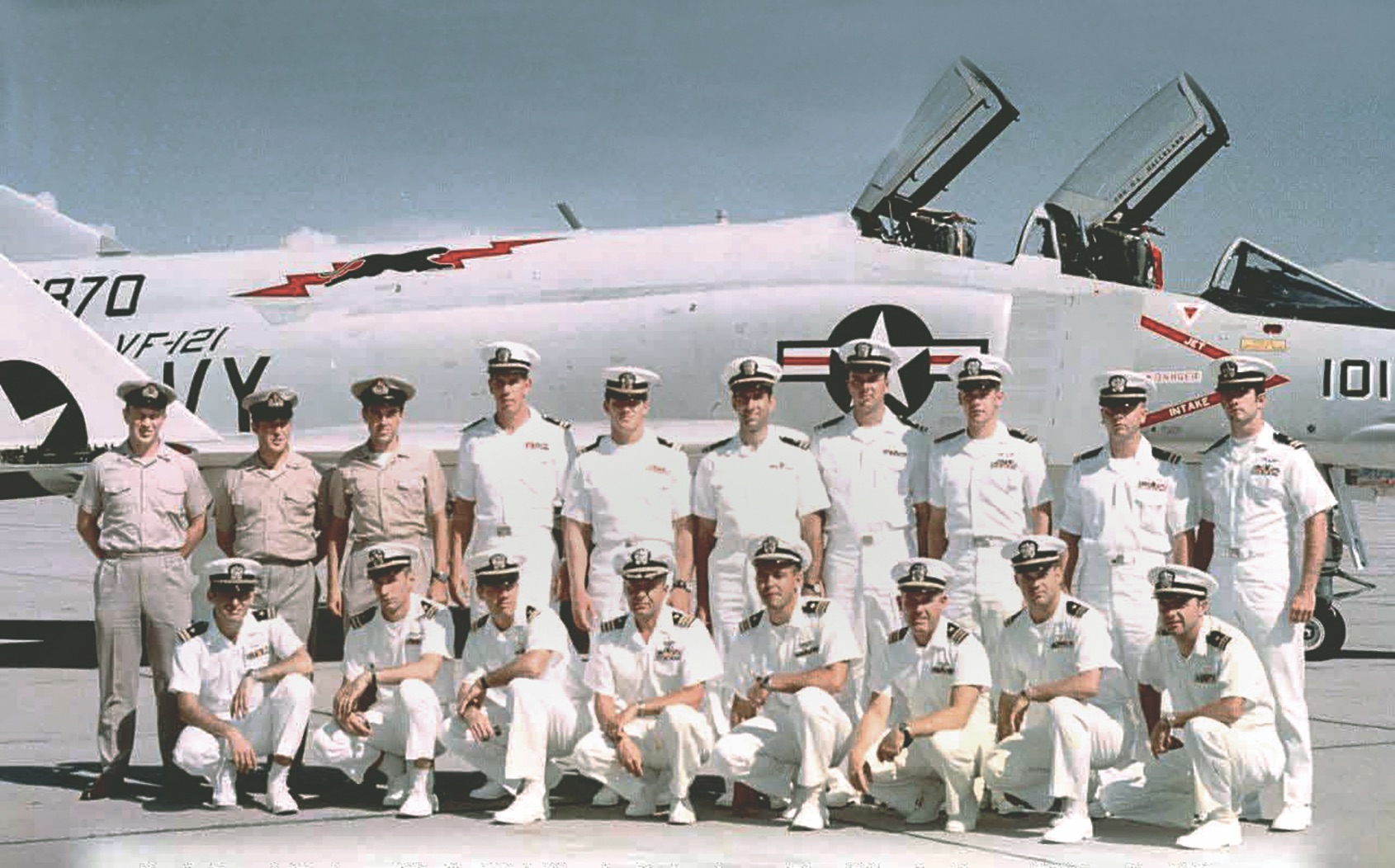 VF-121 advanced tactics instructors, 1969 (original Topgun instructors in bold): Back row L-R: Jerry Kinch, Dick Moody, Peter Jago, Tom Irlbeck, Darrell Gary, Ross Anderson, Jerry Sawatzky, Sam Vernallis, Don Sharer, Jim Laing. Front row L-R: Joel Graffman, Steve Smith, Mel Holmes, Hank Hallelan Dan Pedersen, Vern Jumper, Jim Ruliffson, John Nash. Not shown: J.C. Smith.(Dan Pedersen)