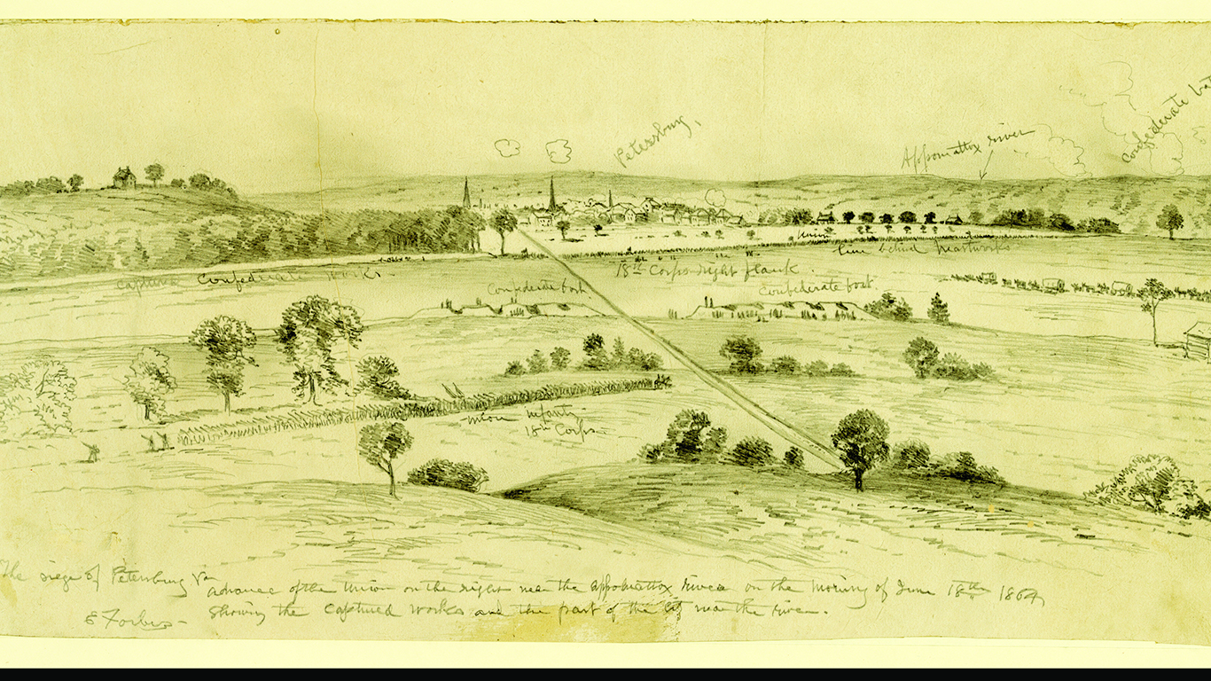 This sketch by Edwin Forbes shows the ground some Yankee troops were forced to cross while attacking Confederate works defending Petersburg. (Library of Congress)