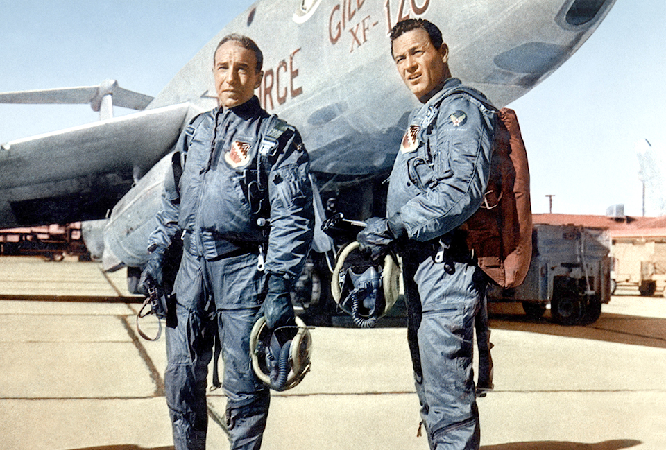 William Holden (right) and Lloyd Nolan play test pilots and a rare Martin XB-51 bomber plays the Gilbert XF-120 fighter in director Mervyn LeRoy’s treasure trove of 1956 aircraft, "Toward the Unknown." (TCD/Prod.DB/Alamy)