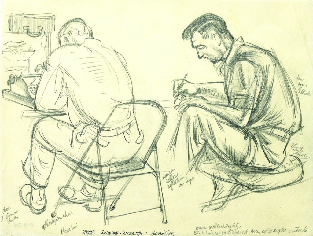 “We get bored as hell” between battles, Cook wrote. At right he captured a quiet moment: two men in camp headquarters, one writing a letter, the other hunched over a typewriter. Cook scrawled reference notes for color in the margins in case he later chose to work these images into a painting. 