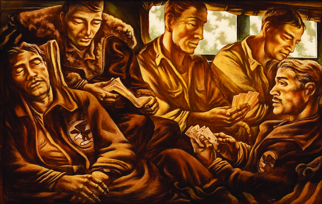 His finished painting is called "The Ship-Bomber’s Homecoming." The three-day trip included stops in Fiji, Kanton Island, Hawaii, and San Francisco; Cook’s writings describe the men huddling together with one another to keep warm in the cold sky.