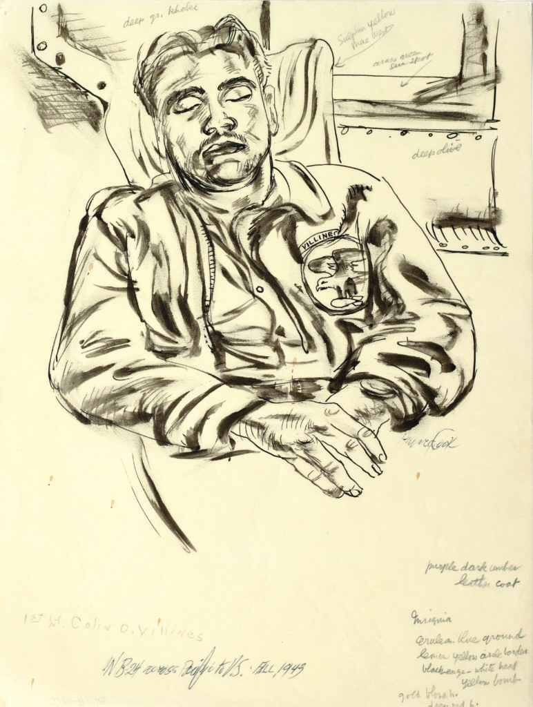 On his way home in September 1943, Cook sketched military personnel aboard the B-24 Liberator bomber transporting him, including a dozing crewman from the 69th Bomb Squadron.