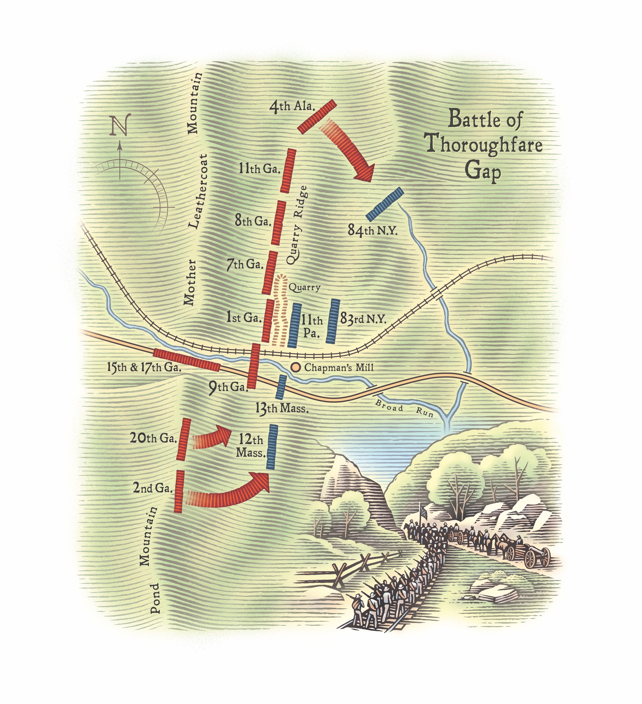  the Battle of Thoroughfare Gap (also known as the Battle of Chapman’s Mill) opened the way for Longstreet, after forcing Pope’s army to retreat, to reunite with Jackson and Lee. (Erwin Sherman Illustration)