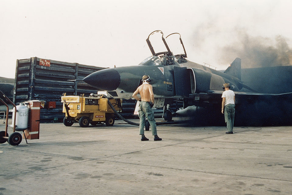 An RF-4C of the 14th Tactical Reconnaissance Squadron spools up its engines at Udorn Air Base in Thailand in October 1972. (U.S. Air Force)