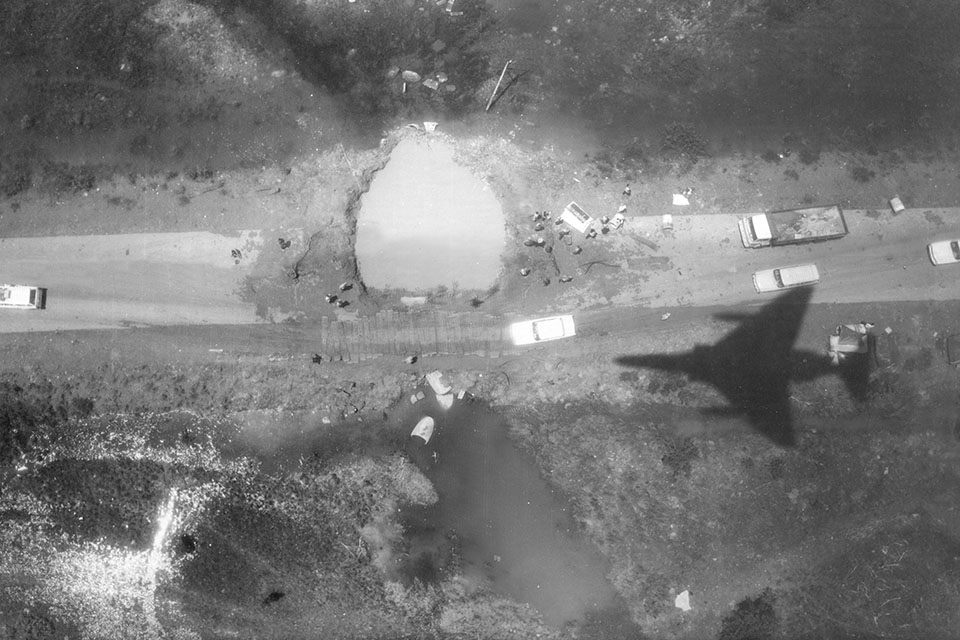 The shadow from Rudi Peksens’ RF-4C is visible in a bomb damage assessment image he took over North Vietnam. (Courtesy Brig. Gen. Rudi Peksens)