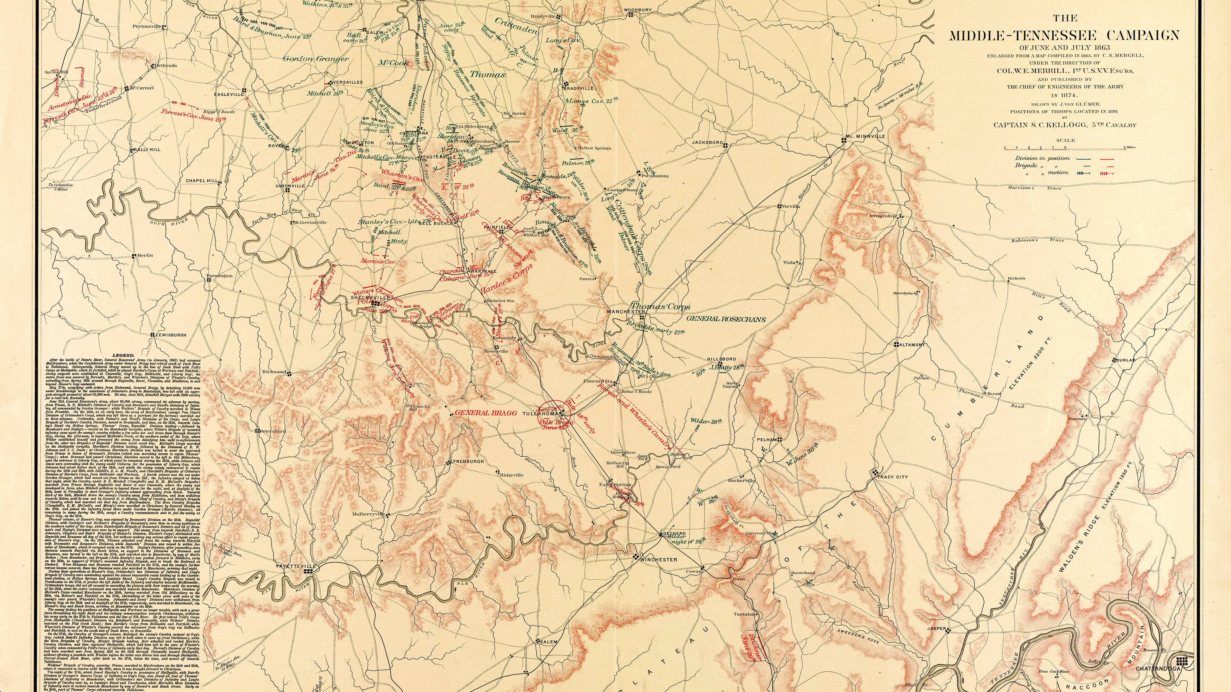 This map of Middle Tennessee is a prime example of the care and intricacy Merrill invested in each of his maps. Lead pencils were used for any data transferred from other maps; corrections were made only with colored pencils. (United States Corps of Engineers/Library of Congress)
