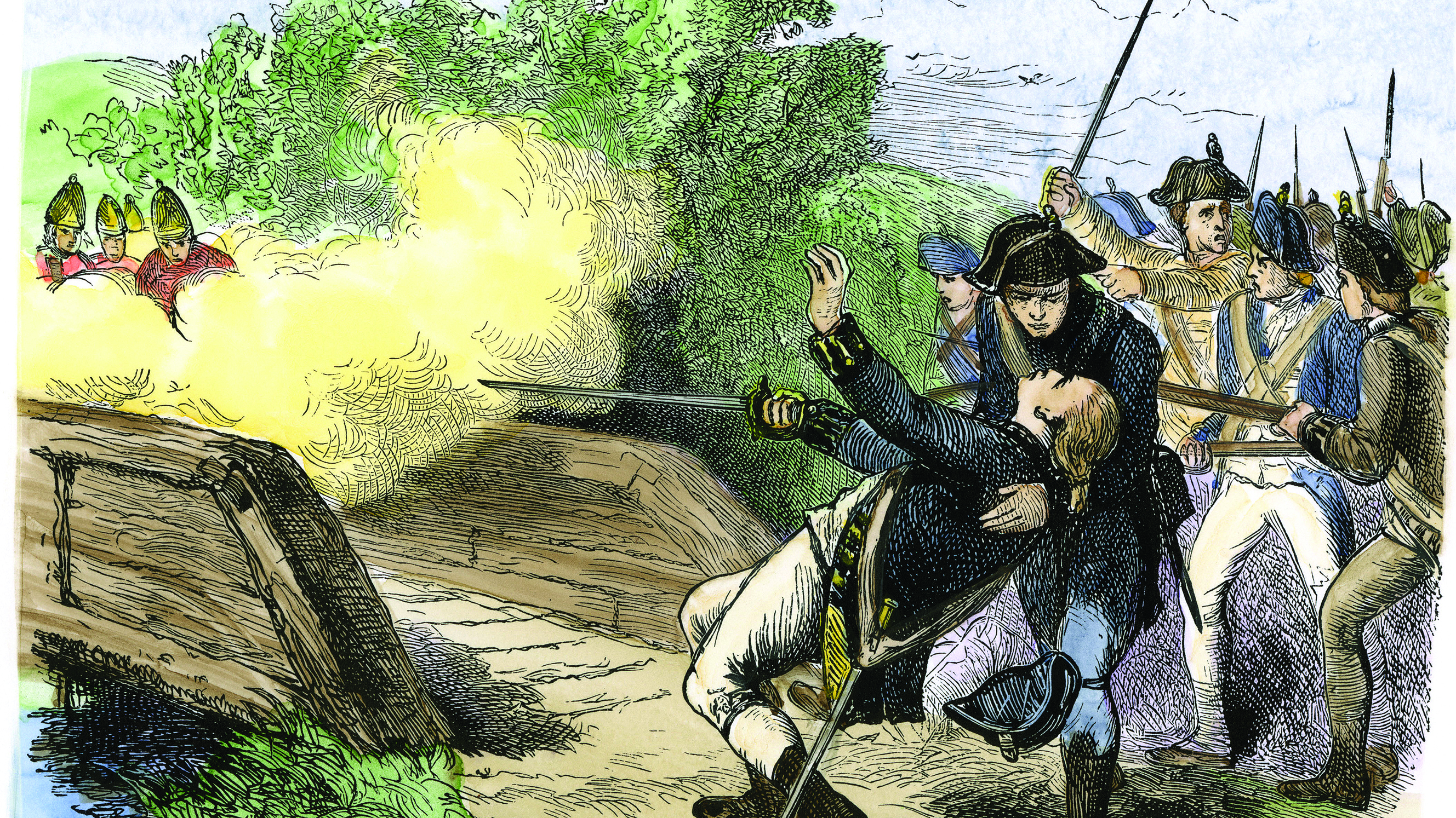 An enemy round claims minuteman Isaac Davis at the north Concord bridge. (North Wind Picture Archives/Alamy Stock Photo)
