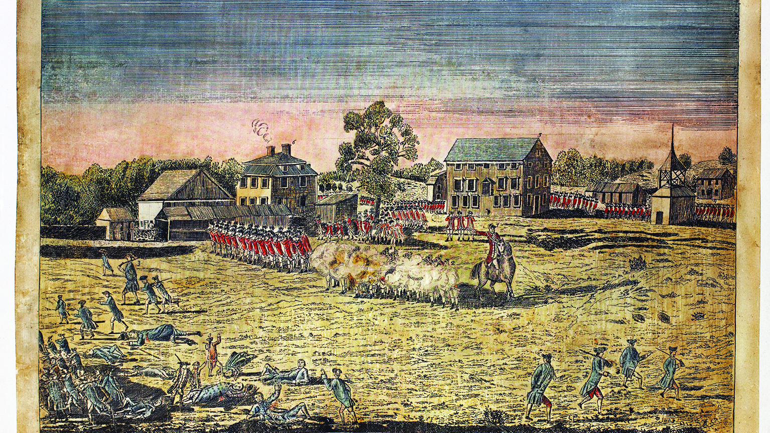 A hand-colored etching of the Battle of Lexington by Amos Doolittle was advertised for sale in the December 1775 Connecticut Journal. (Universal History Archive/Getty Images)