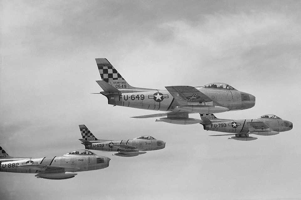 F-86Fs of the 51st Fighter Interceptor Wing hunt for MiGs over Korea. (U.S. Air Force)