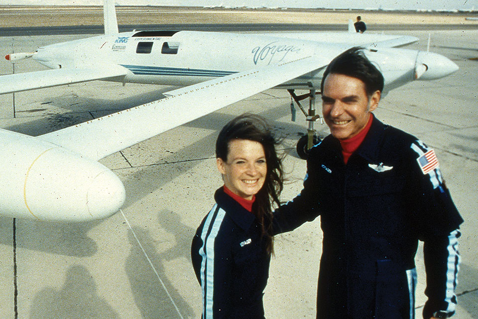 Jeana Yeager and Dick Rutan are all smiles after completing a test flight over Mojave in December 1985. Their smiles would fade to looks of concern during their harrowing around-the-world trip. (AP Photo/Doug Pizac)