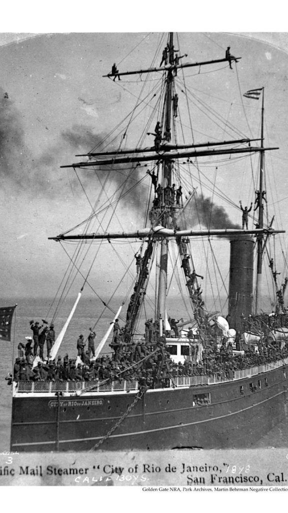 The mail steamer City of Rio de Janeiro plied the Pacific trade circuit from Hong Kong to Yokohama, Japan, to San Francisco, carrying hundreds of pounds ofo smuggled opium on each trip. (National Park Service Photo)