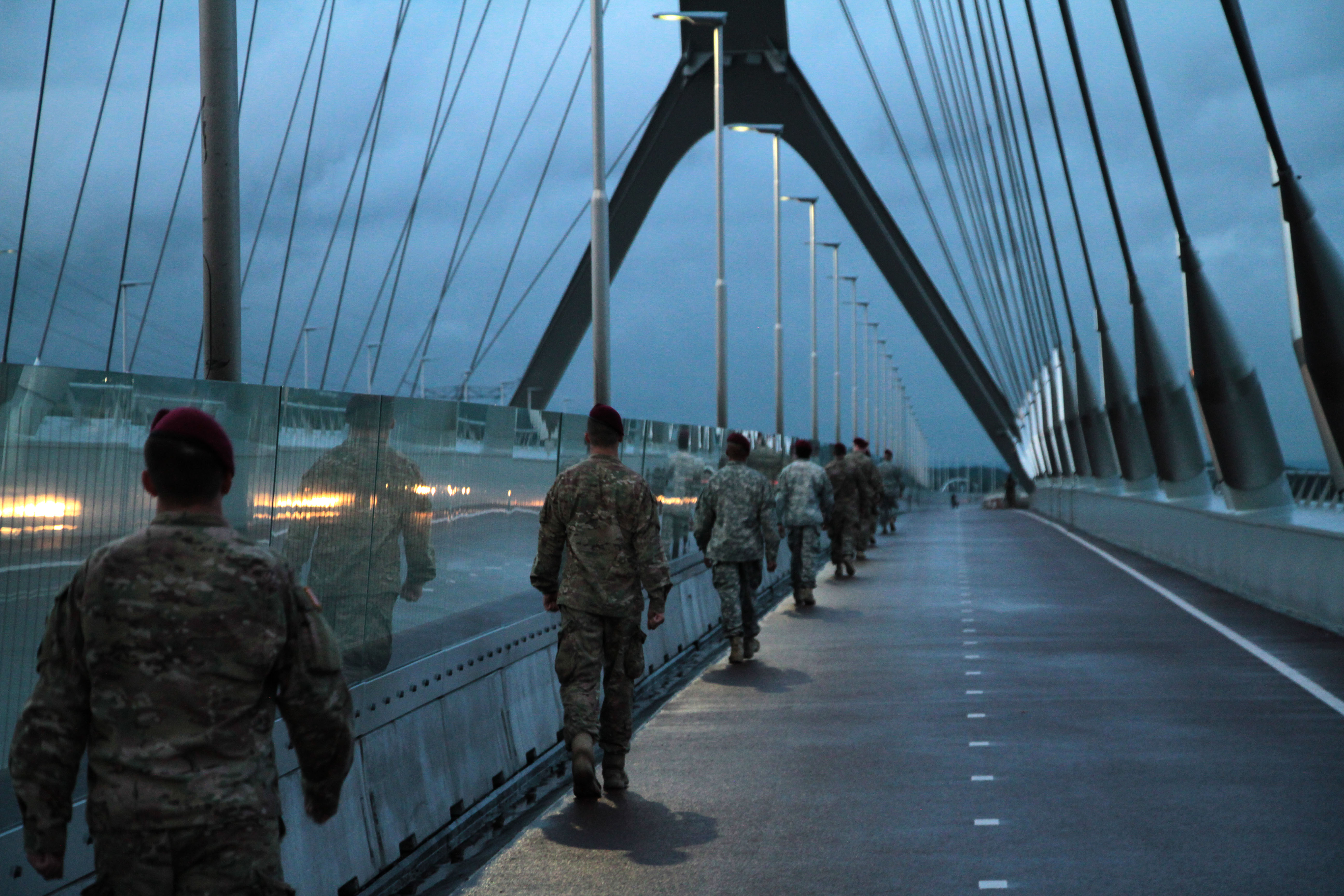 U.S. Army paratroopers cross the Oversteek Bridge over the Waal River in Nijmegan, Netherlands, 2015. (1st Lt. Hannah Morgan (USAREUR))