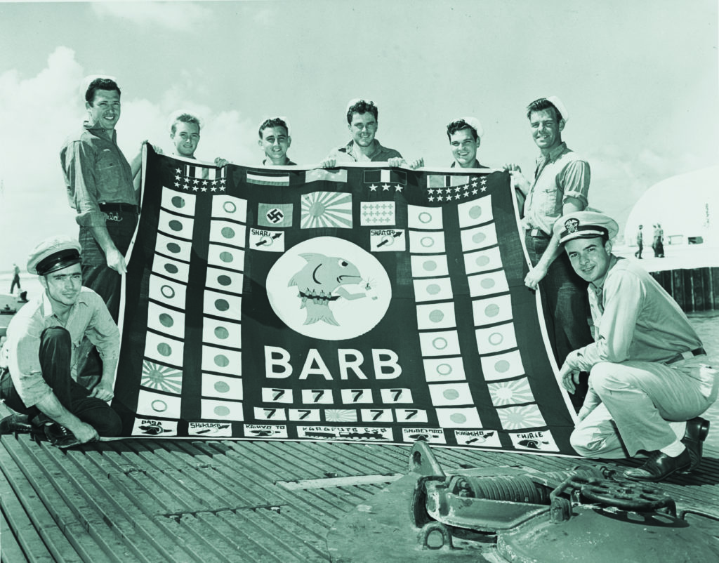 The Barb’s battle flag attests to the wealth of targets in the Pacific over the Atlantic. The sole Nazi flag stands for a ship later found to be Spanish. Damage to ships, as well as sinkings, are indicated, as are “kills” from shore bombardments. (U.S. Navy)